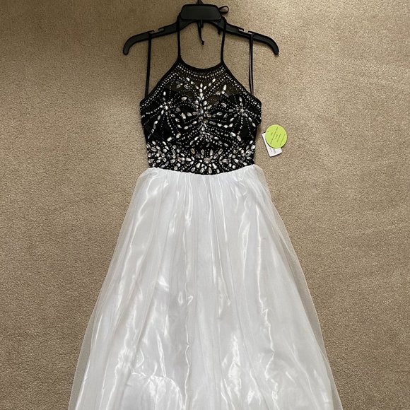 Halter Top Embellished Black and White Gown - Picture 1 of 13